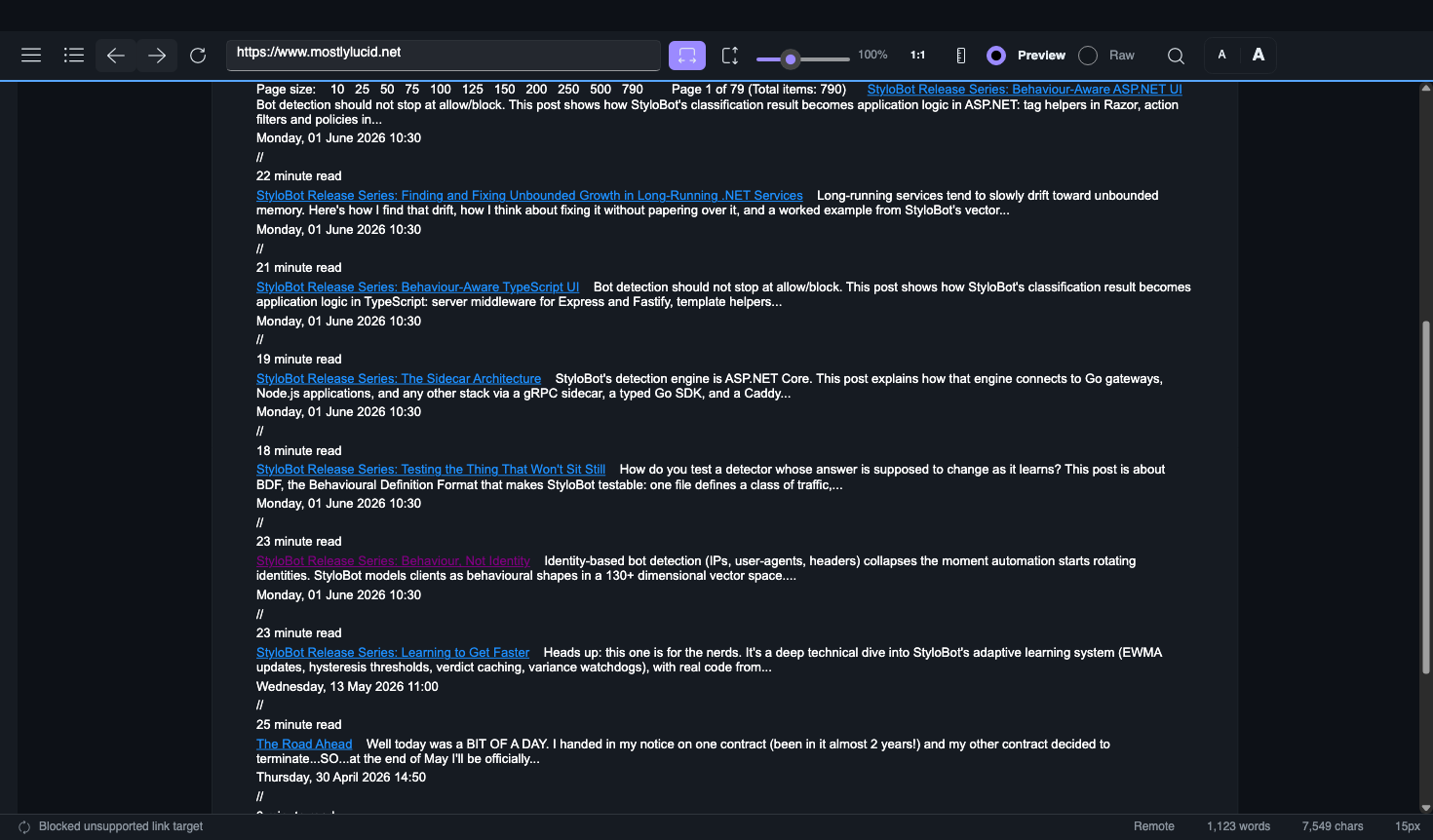 mostlylucid.net rendered in lucidVIEW after the v1.7.1 walker fix: every blog-post card resolves as a real clickable link with its summary as a proper paragraph, instead of bracket-text inside a code block.