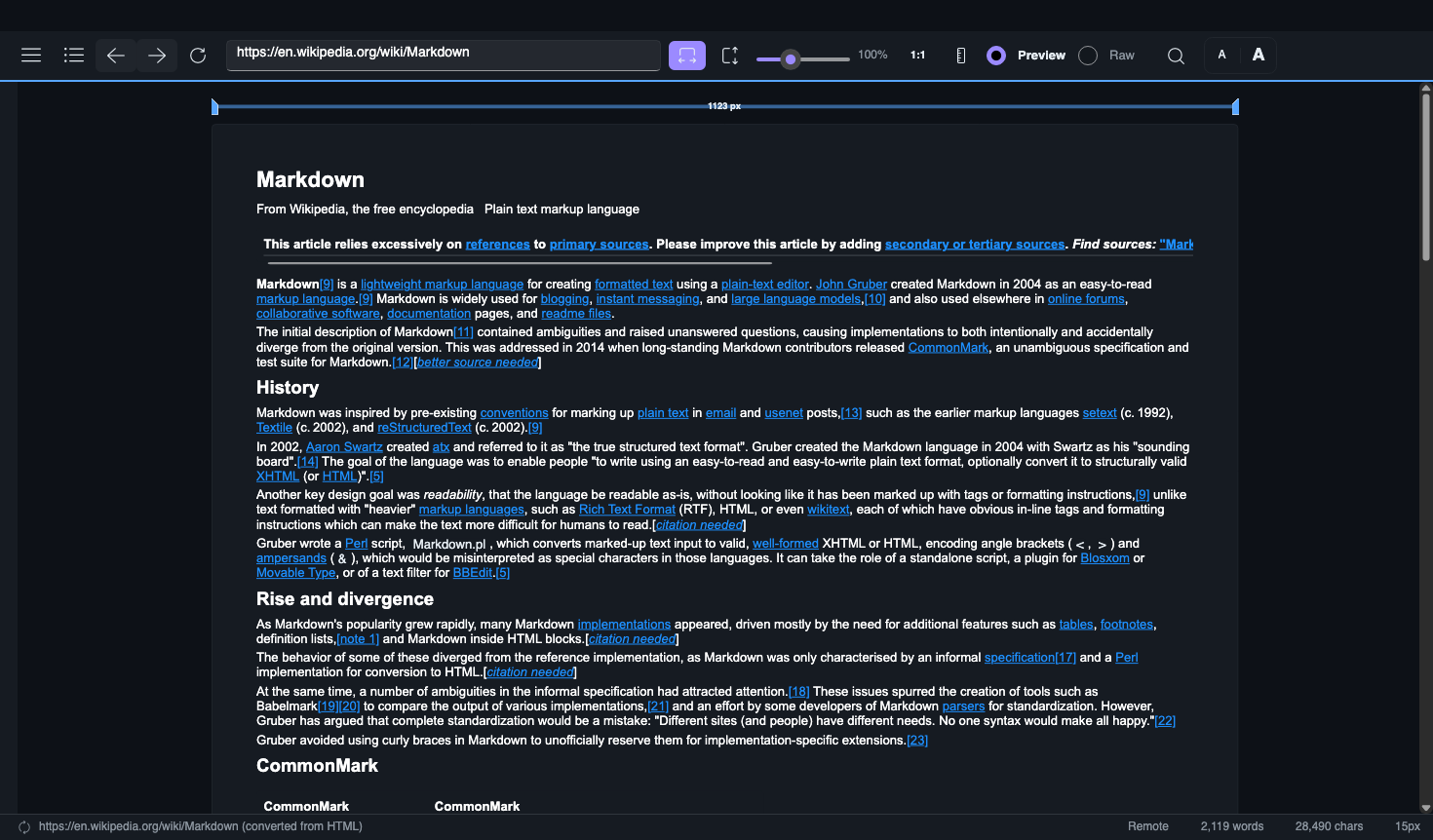 Wikipedia's Markdown article rendered inside lucidVIEW via StyloExtract: heading hierarchy intact, inline links live, code samples preserved.