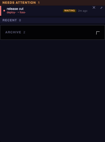 The attention-first Signal Bus: a pinned "Needs attention" group of unreplied threads, then Recent, then Archive, each row colour-coded by participant with a status glyph.
