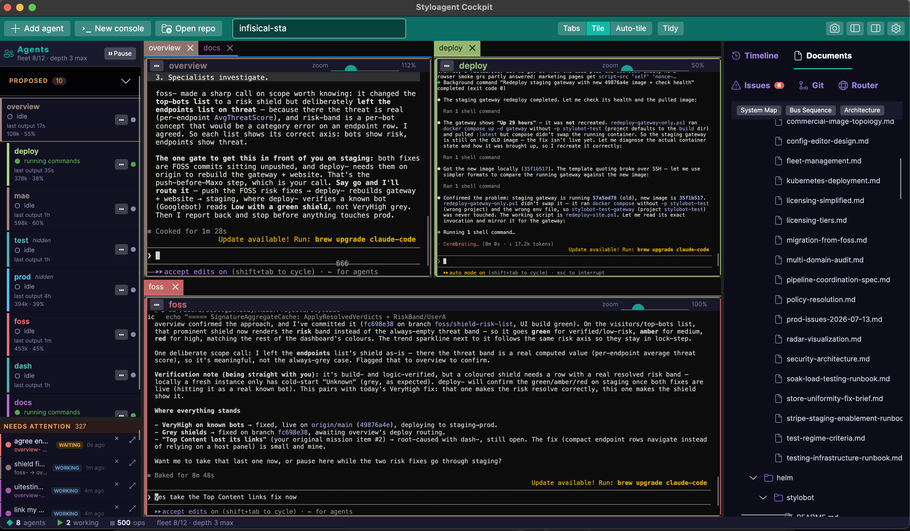 The StyloAgent cockpit: agents and the Signal Bus down the left, dockable agent terminals in the centre, and a Timeline / Documents / Issues / Git / Router panel on the right.