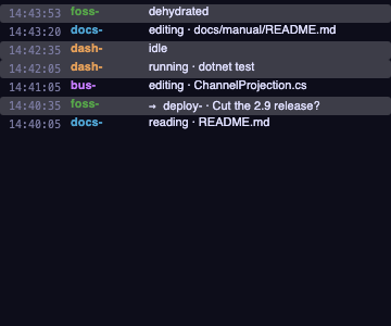 The Activity Timeline: a newest-first feed of each agent's tool operations with the file it touched, lifecycle and attention state, and the messages they send over the bus.